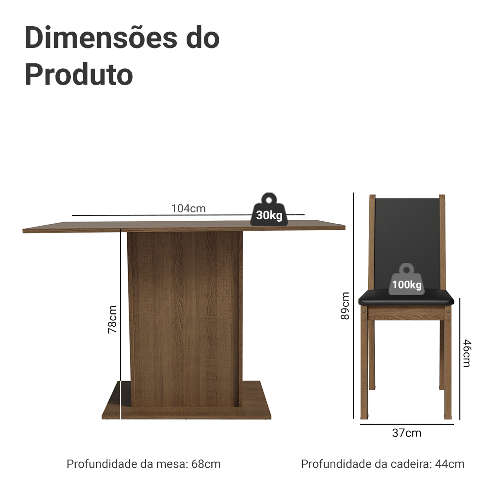 Conjunto Sala de Jantar Madesa Talita Mesa Tampo de Madeira com 4 Cadeiras Rustic/Preto/Oxford