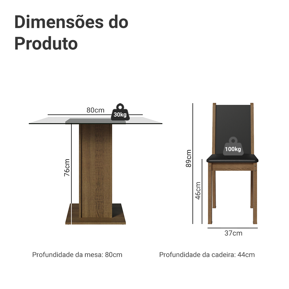 Conjunto Sala de Jantar Aline Madesa Mesa Tampo de Vidro com 4 Cadeiras Rustic/Preto