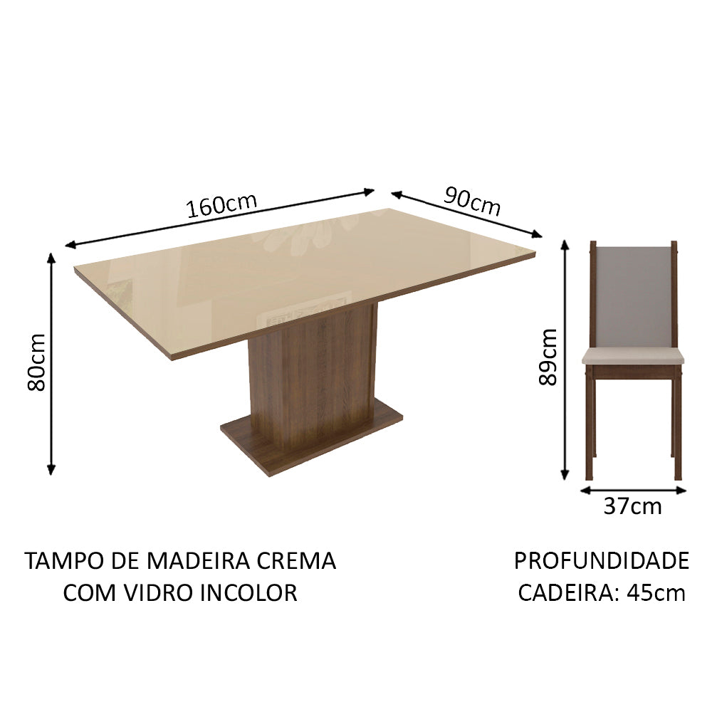 Conjunto Sala de Jantar Moscou Plus Madesa Mesa Tampo de Vidro com 6 Cadeiras Rustic/Crema/Sintético Bege