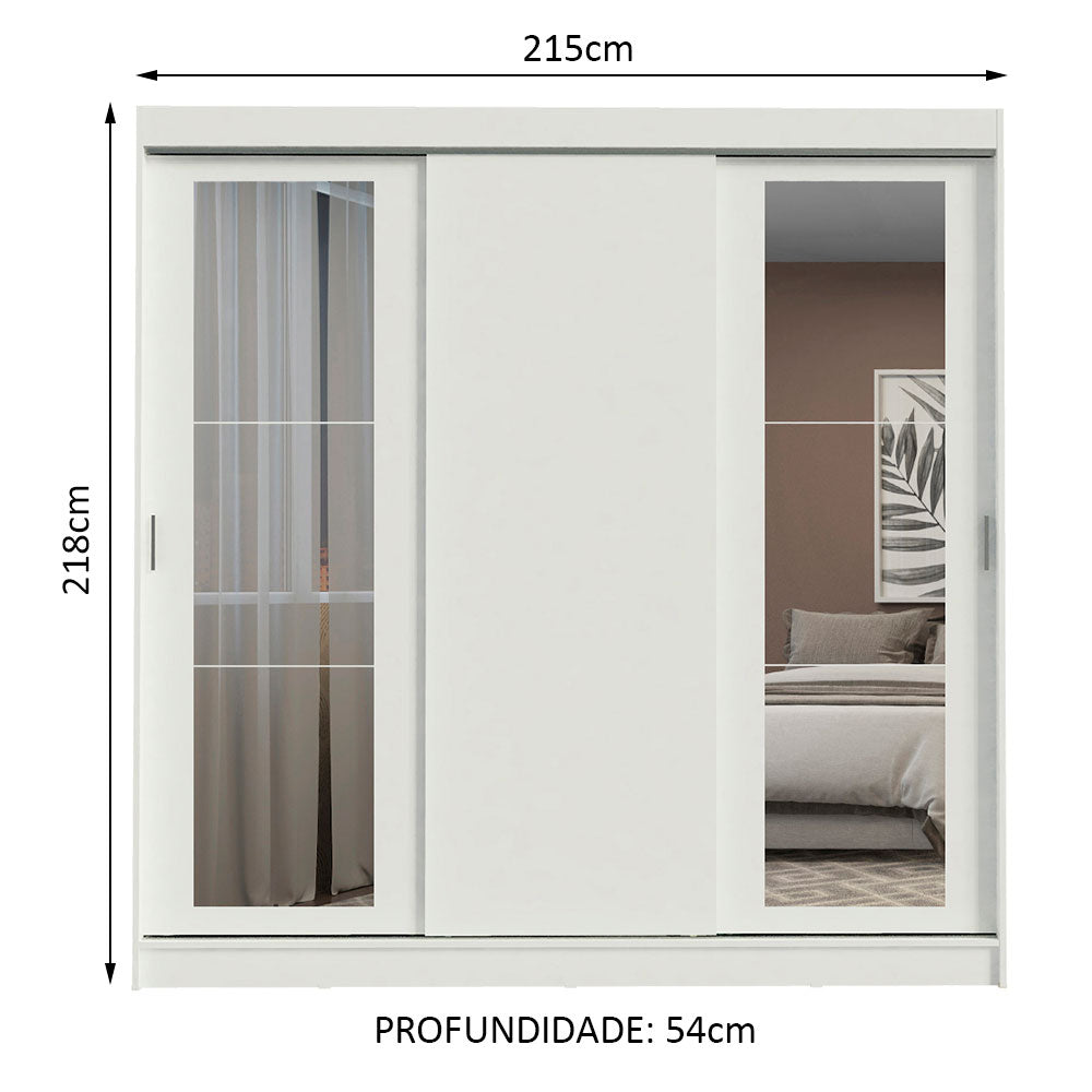 Guarda-Roupa Casal Madesa Kansas 3 Portas de Correr com Espelhos 3 Gavetas Branco