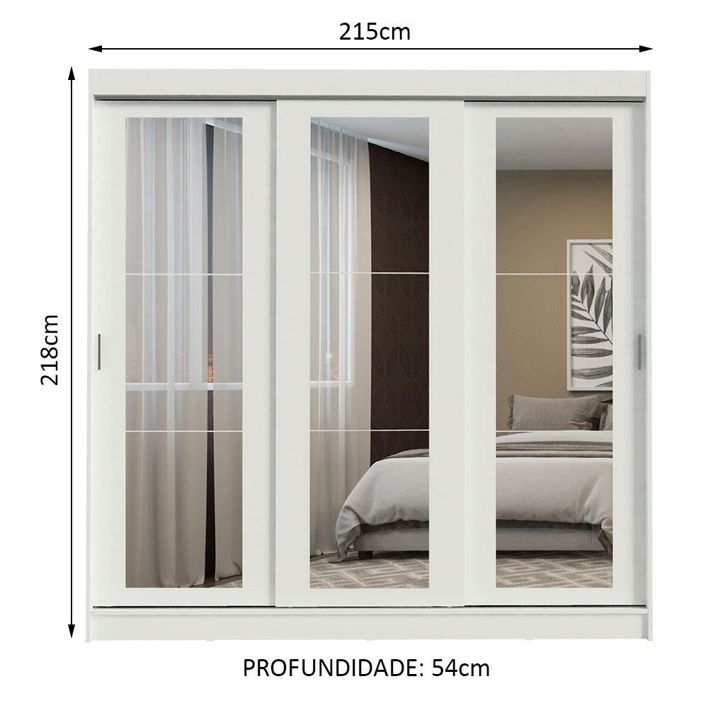 Guarda-Roupa Casal Madesa Kansas 3 Portas de Correr de Espelho 3 Gavetas Branco