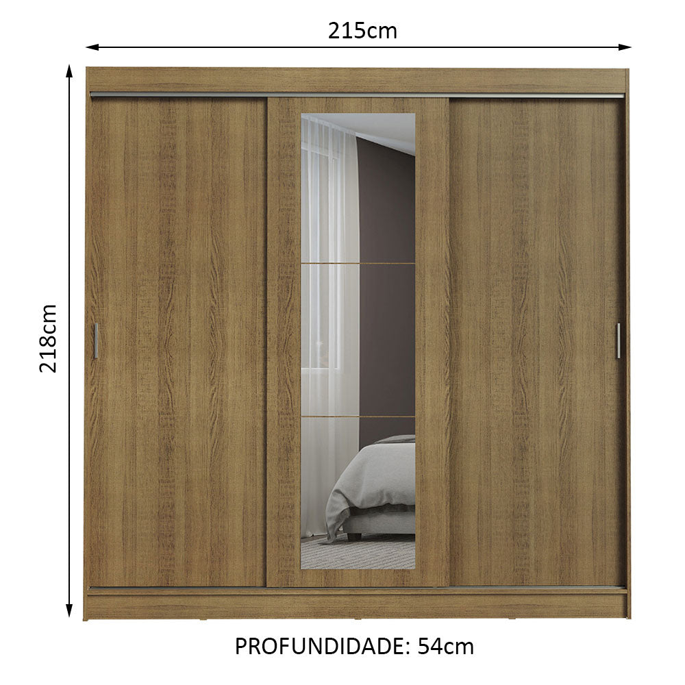 Guarda-Roupa Casal Madesa Kansas 3 Portas de Correr com Espelho 3 Gavetas Rustic