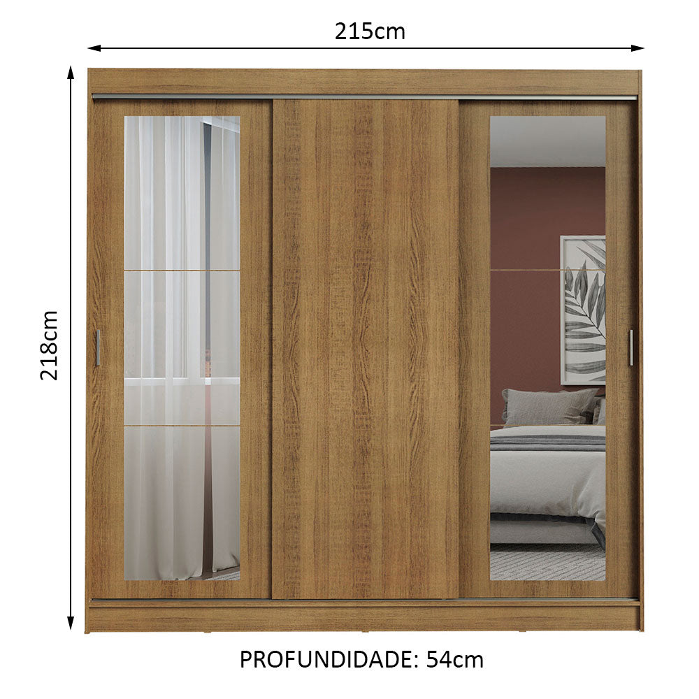 Guarda-Roupa Casal Madesa Kansas 3 Portas de Correr com Espelhos 3 Gavetas Rustic