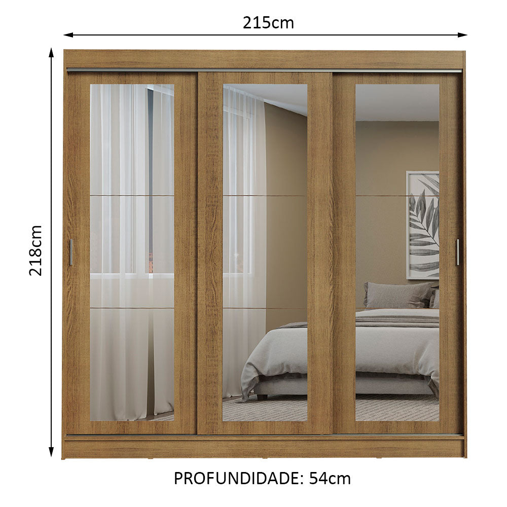 Guarda-Roupa Casal Madesa Kansas 3 Portas de Correr de Espelho 3 Gavetas Rustic
