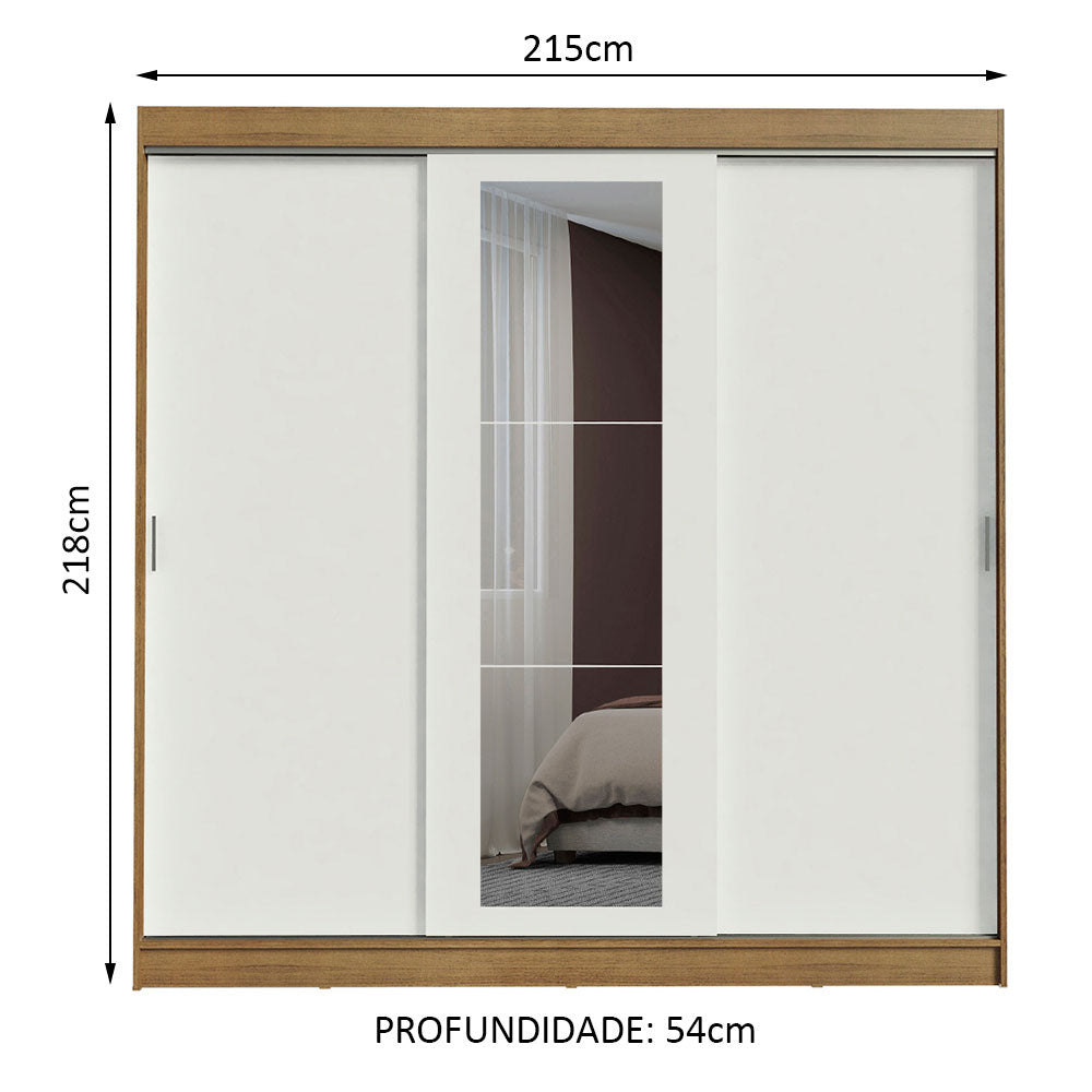 Guarda-Roupa Casal Madesa Kansas 3 Portas de Correr com Espelho 3 Gavetas Rustic/Branco