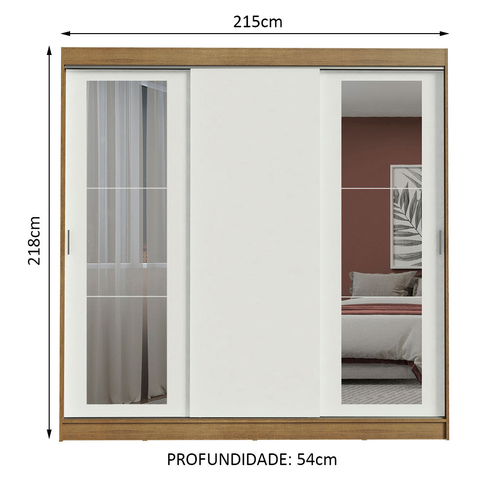 Guarda-Roupa Casal Madesa Kansas 3 Portas de Correr com Espelhos 3 Gavetas Rustic/Branco