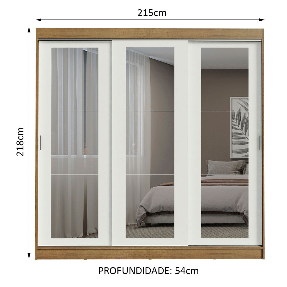 Guarda-Roupa Casal Madesa Kansas 3 Portas de Correr de Espelho 3 Gavetas Rustic/Branco