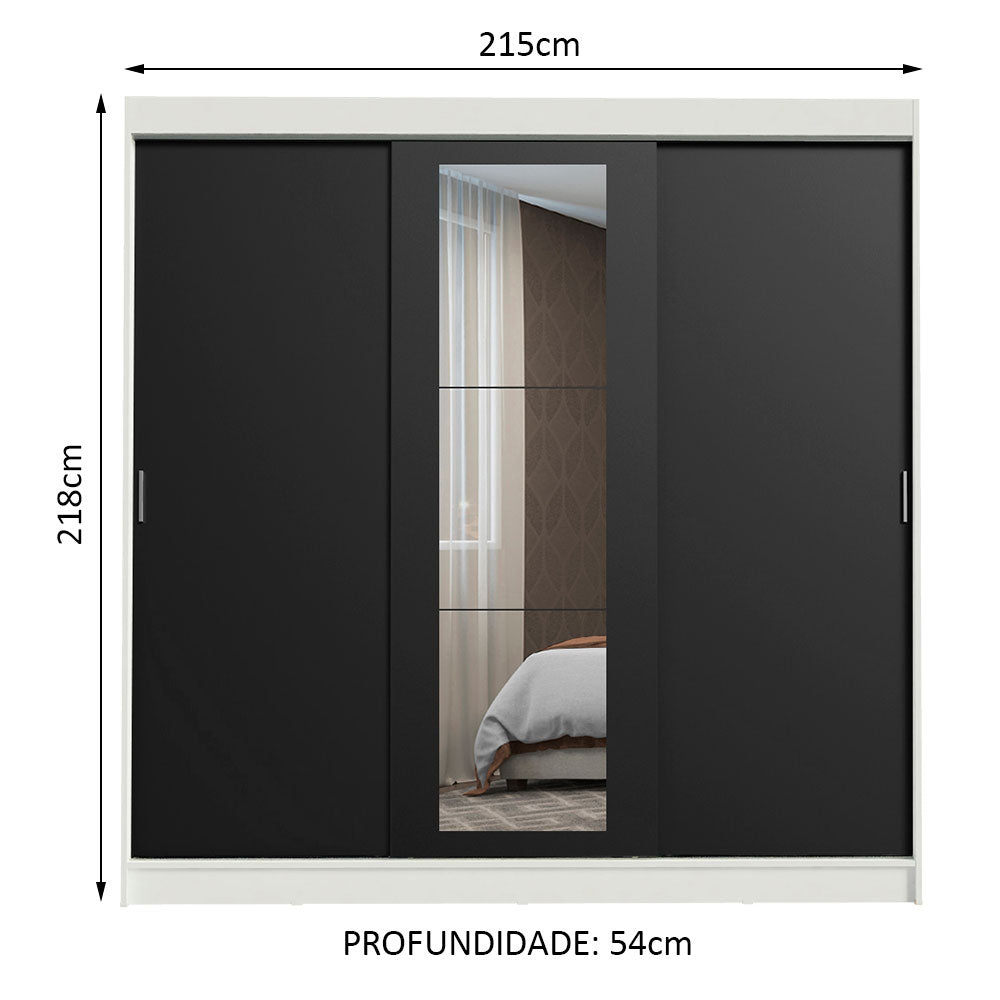 Guarda-Roupa Casal Madesa Kansas 3 Portas de Correr com Espelho 3 Gavetas Branco/Preto