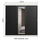 Guarda-Roupa Casal Madesa Kansas 3 Portas de Correr com Espelho 3 Gavetas Branco/Preto