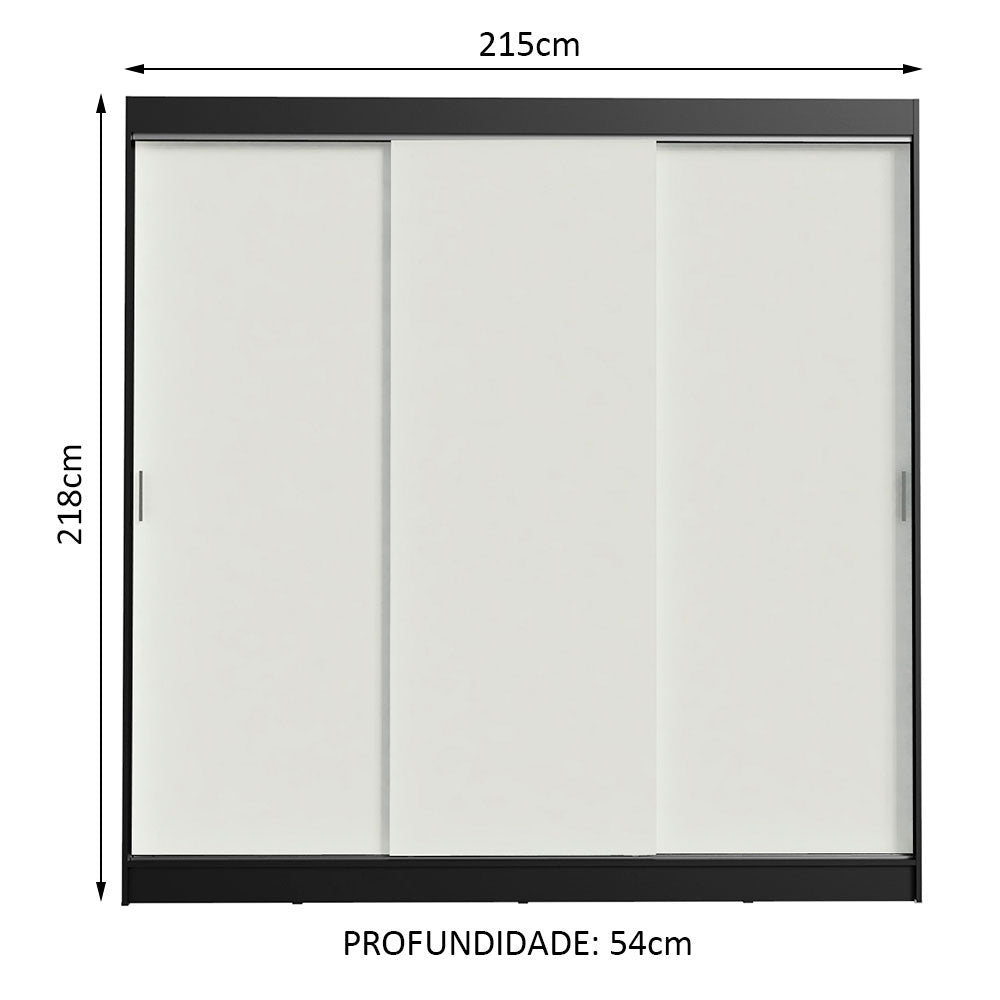 Guarda-Roupa Casal Madesa Kansas 3 Portas de Correr 3 Gavetas Preto/Branco