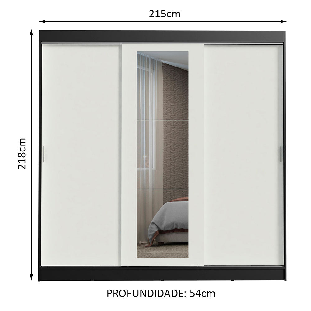 Guarda-Roupa Casal Madesa Kansas 3 Portas de Correr com Espelho 3 Gavetas Preto/Branco