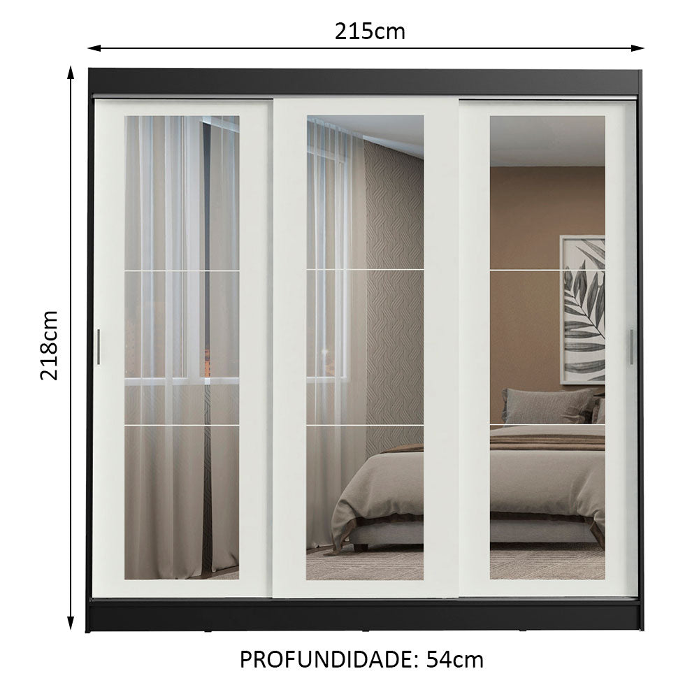 Guarda-Roupa Casal Madesa Kansas 3 Portas de Correr de Espelho 3 Gavetas Preto/Branco