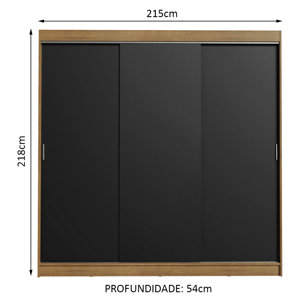 Guarda-Roupa Casal Madesa Kansas 3 Portas de Correr 3 Gavetas Rustic/Preto