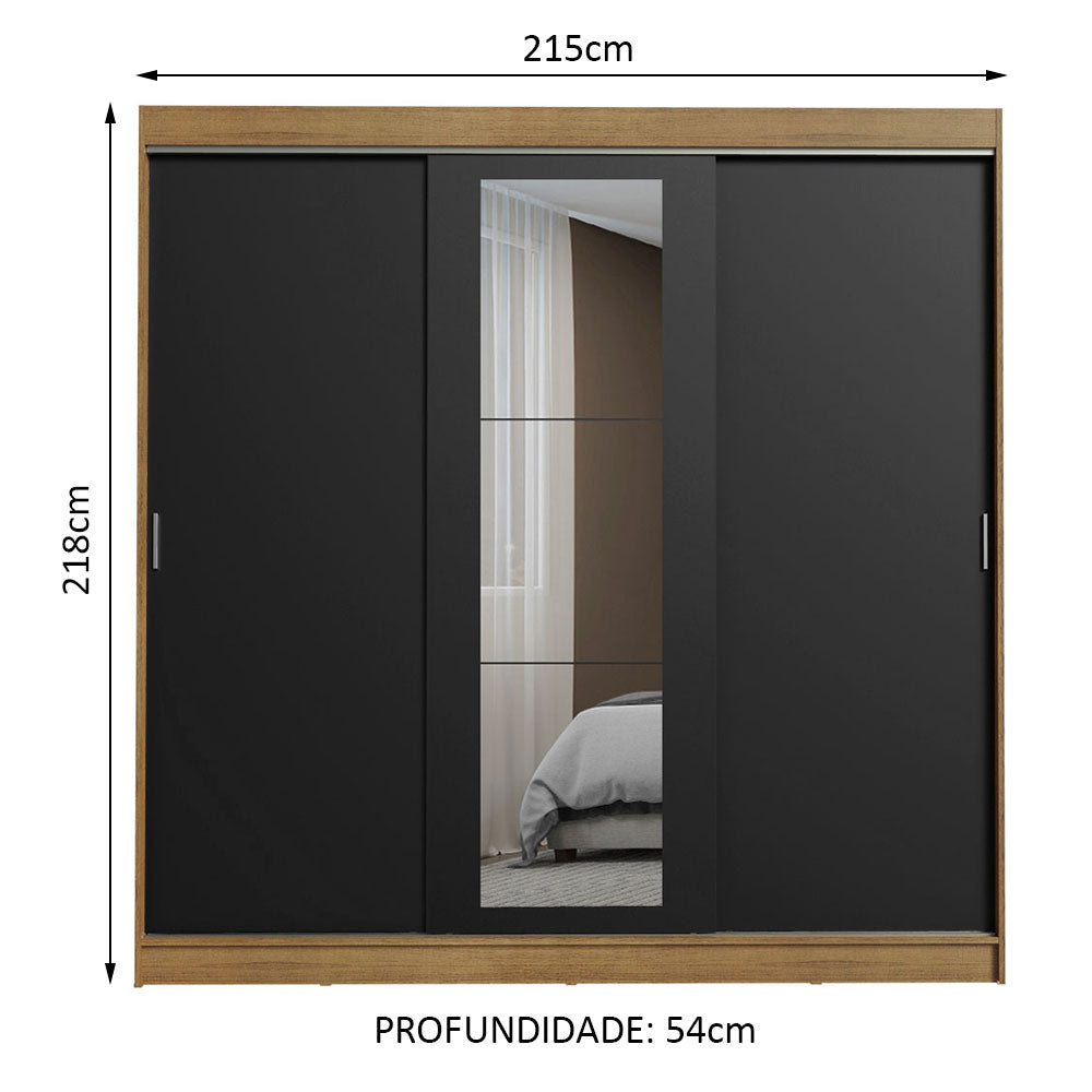 Guarda-Roupa Casal Madesa Kansas 3 Portas de Correr com Espelho 3 Gavetas Rustic/Preto