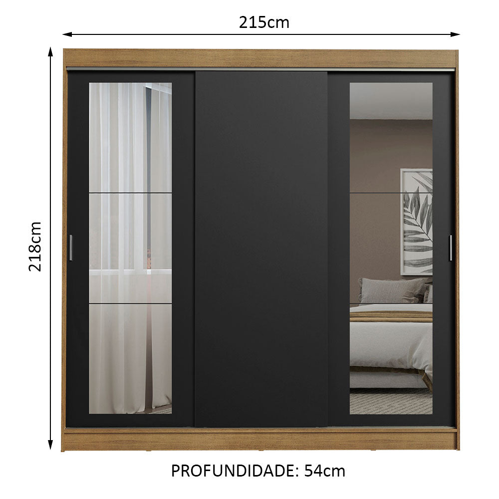Guarda-Roupa Casal Madesa Kansas 3 Portas de Correr com Espelhos 3 Gavetas Rustic/Preto