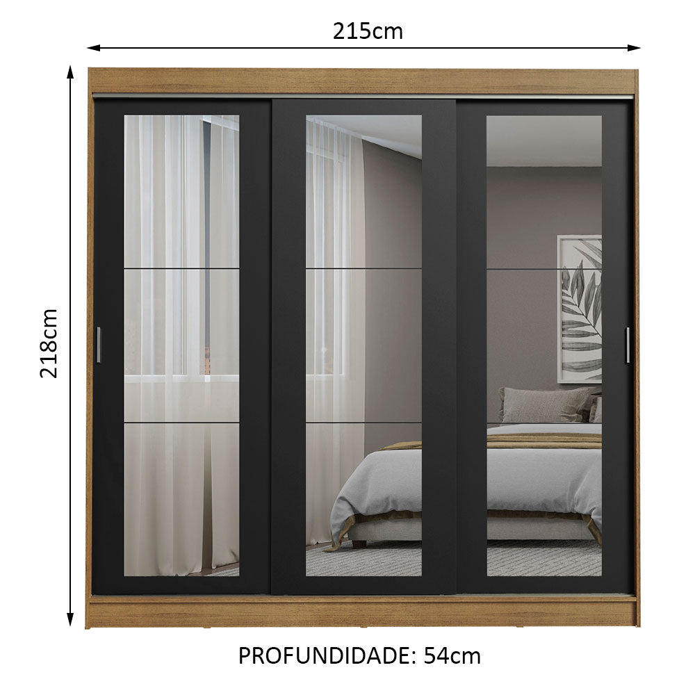 Guarda-Roupa Casal Madesa Kansas 3 Portas de Correr de Espelho 3 Gavetas Rustic/Preto