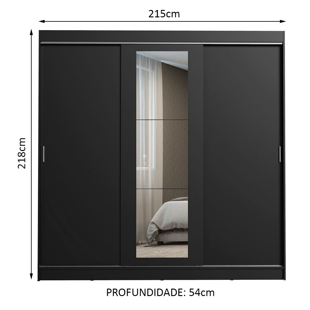 Guarda-Roupa Casal Madesa Kansas 3 Portas de Correr com Espelho 3 Gavetas Preto