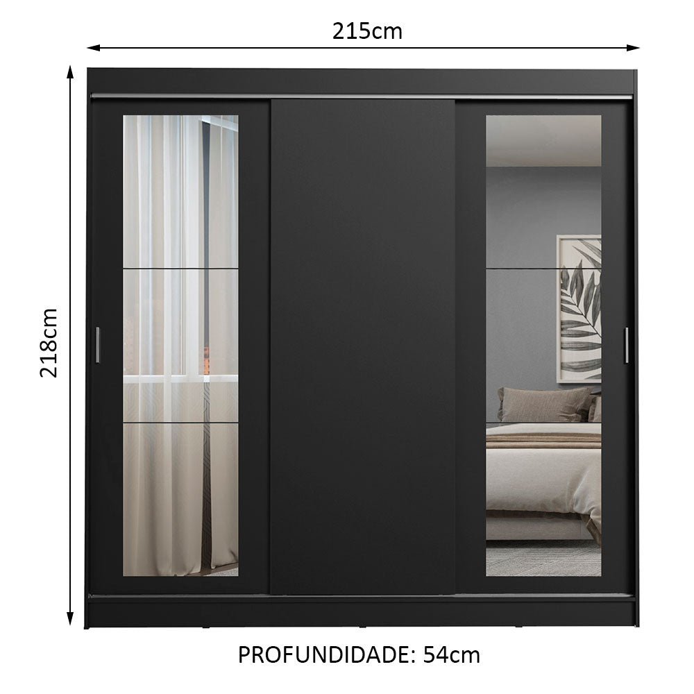 Guarda-Roupa Casal Madesa Kansas 3 Portas de Correr com Espelhos 3 Gavetas Preto