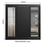 Guarda-Roupa Casal Madesa Kansas 3 Portas de Correr com Espelhos 3 Gavetas Preto