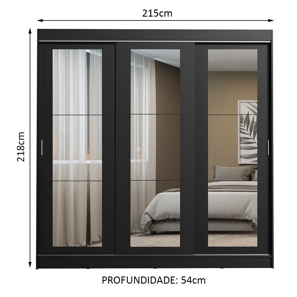 Guarda-Roupa Casal Madesa Kansas 3 Portas de Correr de Espelho 3 Gavetas Preto