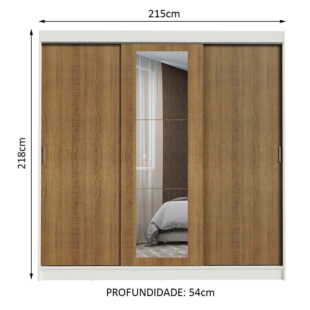 Guarda-Roupa Casal Madesa Kansas 3 Portas de Correr com Espelho 3 Gavetas Branco/Rustic