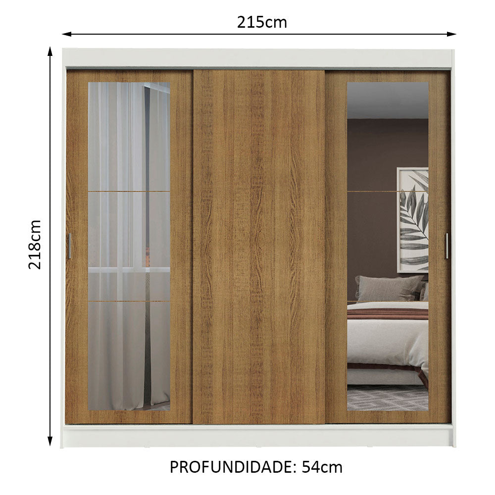 Guarda-Roupa Casal Madesa Kansas 3 Portas de Correr com Espelhos 3 Gavetas Branco/Rustic
