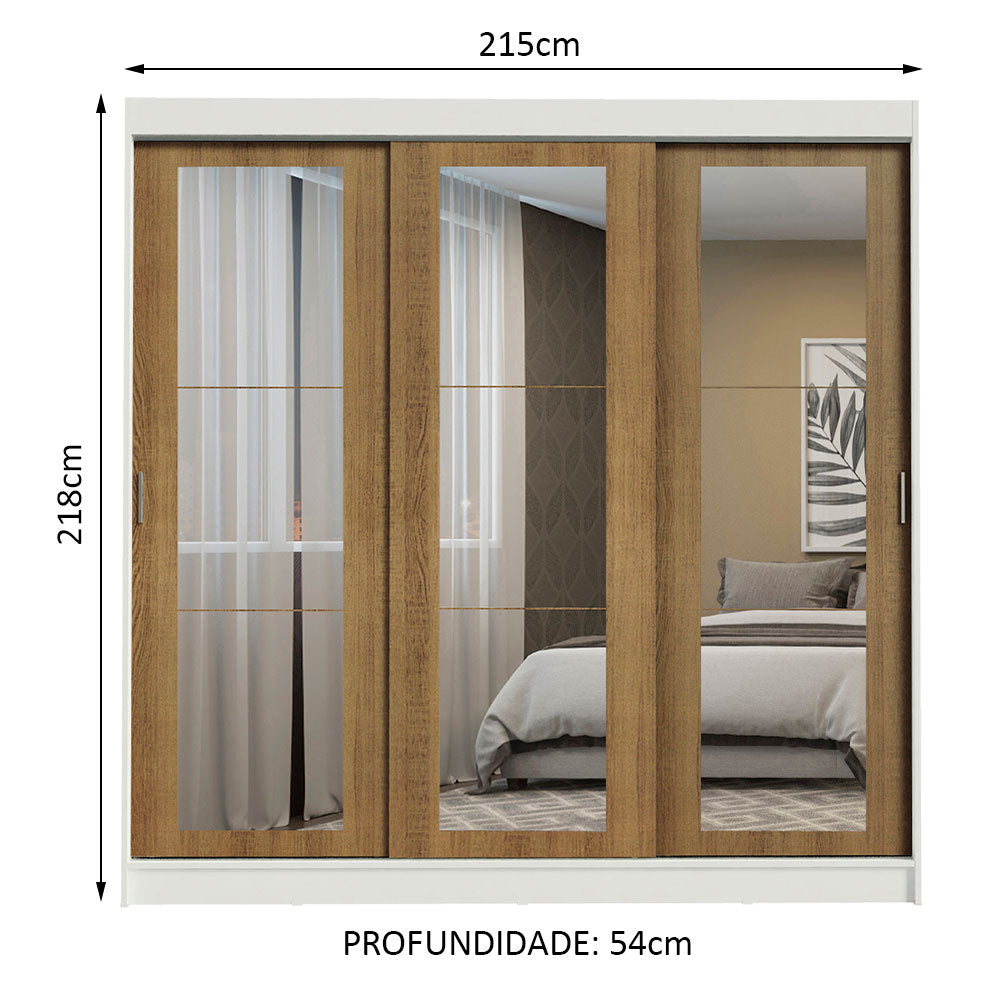 Guarda-Roupa Casal Madesa Kansas 3 Portas de Correr de Espelho 3 Gavetas Branco/Rustic