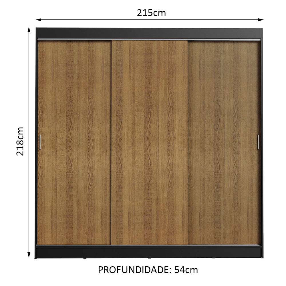 Guarda-Roupa Casal Madesa Kansas 3 Portas de Correr 3 Gavetas Preto/Rustic
