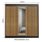 Guarda-Roupa Casal Madesa Kansas 3 Portas de Correr com Espelho 3 Gavetas Preto/Rustic
