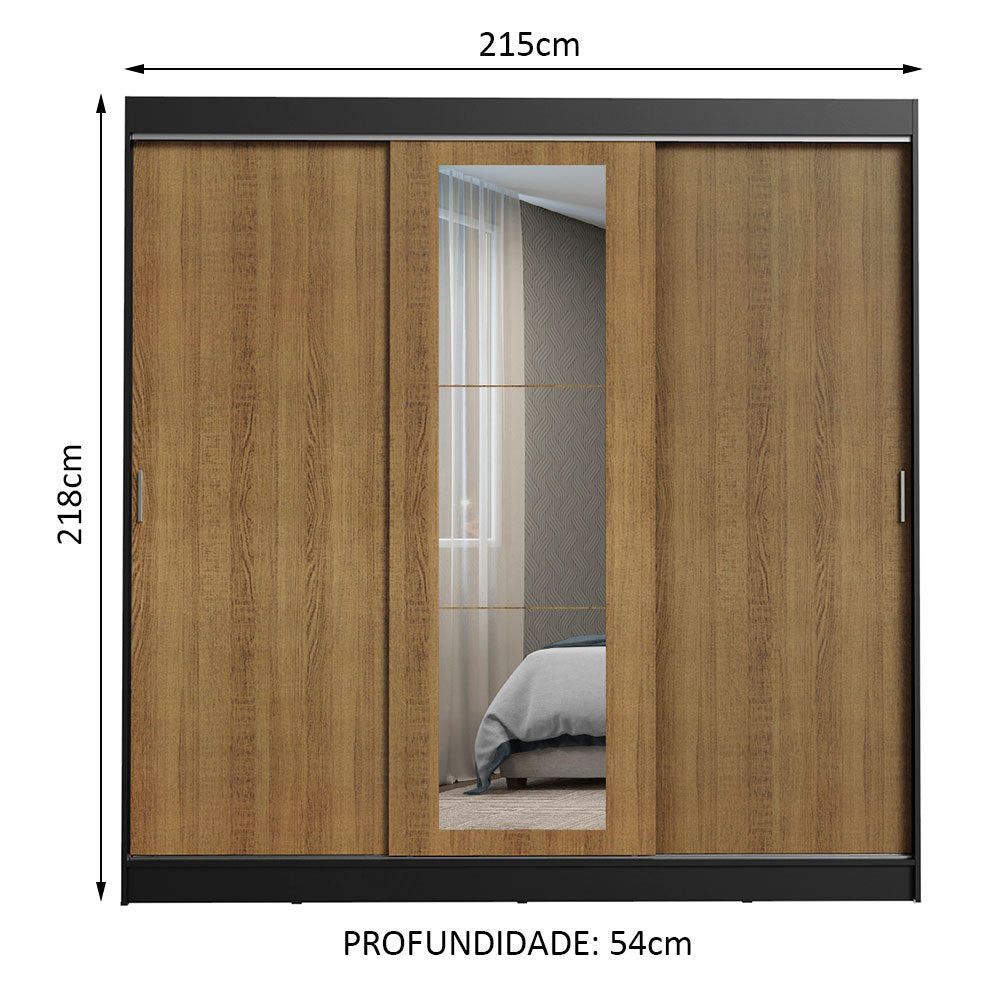 Guarda-Roupa Casal Madesa Kansas 3 Portas de Correr com Espelho 3 Gavetas Preto/Rustic