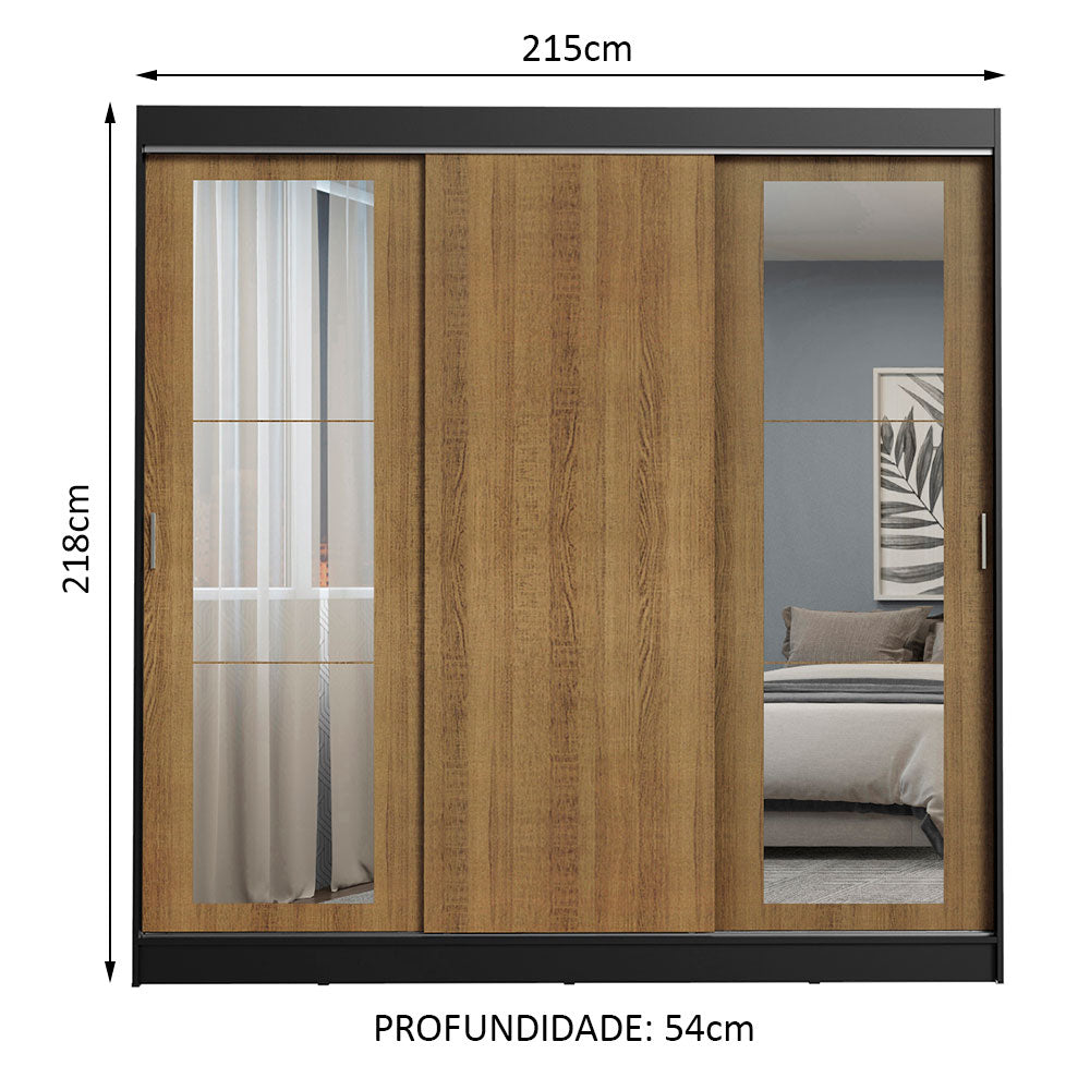 Guarda-Roupa Casal Madesa Kansas 3 Portas de Correr com Espelhos 3 Gavetas Preto/Rustic