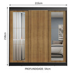 Guarda-Roupa Casal Madesa Kansas 3 Portas de Correr com Espelhos 3 Gavetas Preto/Rustic