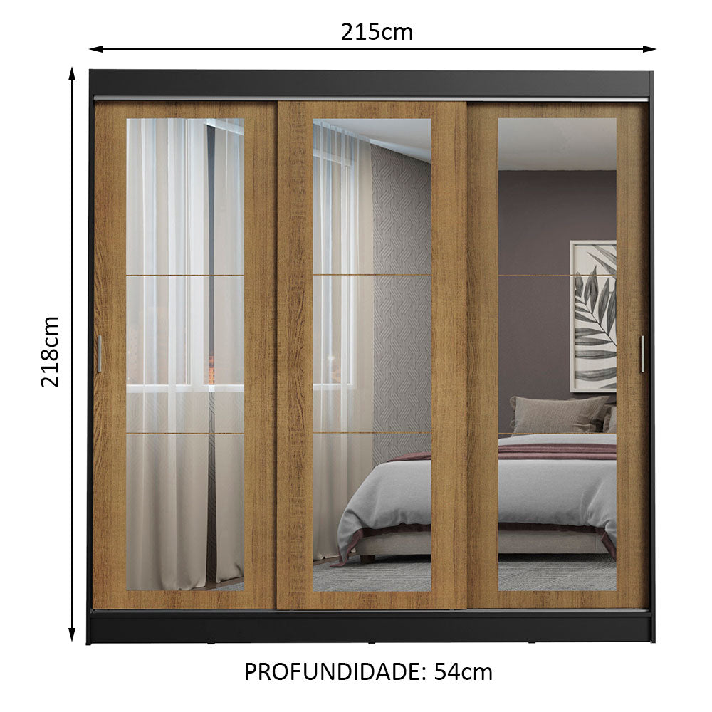 Guarda-Roupa Casal Madesa Kansas 3 Portas de Correr de Espelho 3 Gavetas Preto/Rustic