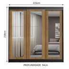 Guarda-Roupa Casal Madesa Kansas 3 Portas de Correr de Espelho 3 Gavetas Preto/Rustic