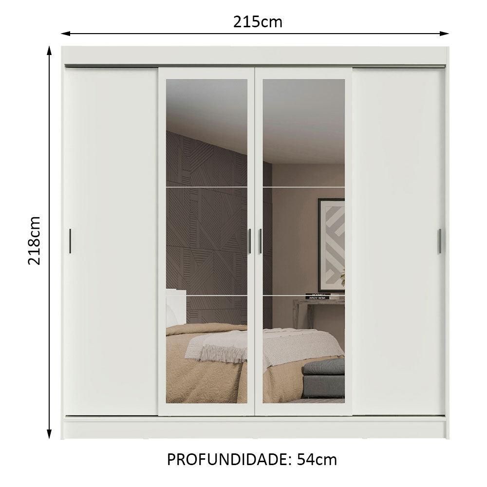 Guarda-Roupa Casal Madesa Austin 4 Portas de Correr com Espelhos 3 Gavetas Branco