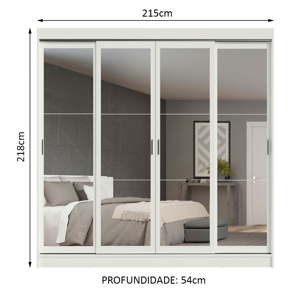 Guarda-Roupa Casal Madesa Austin 4 Portas de Correr de Espelho 3 Gavetas Branco
