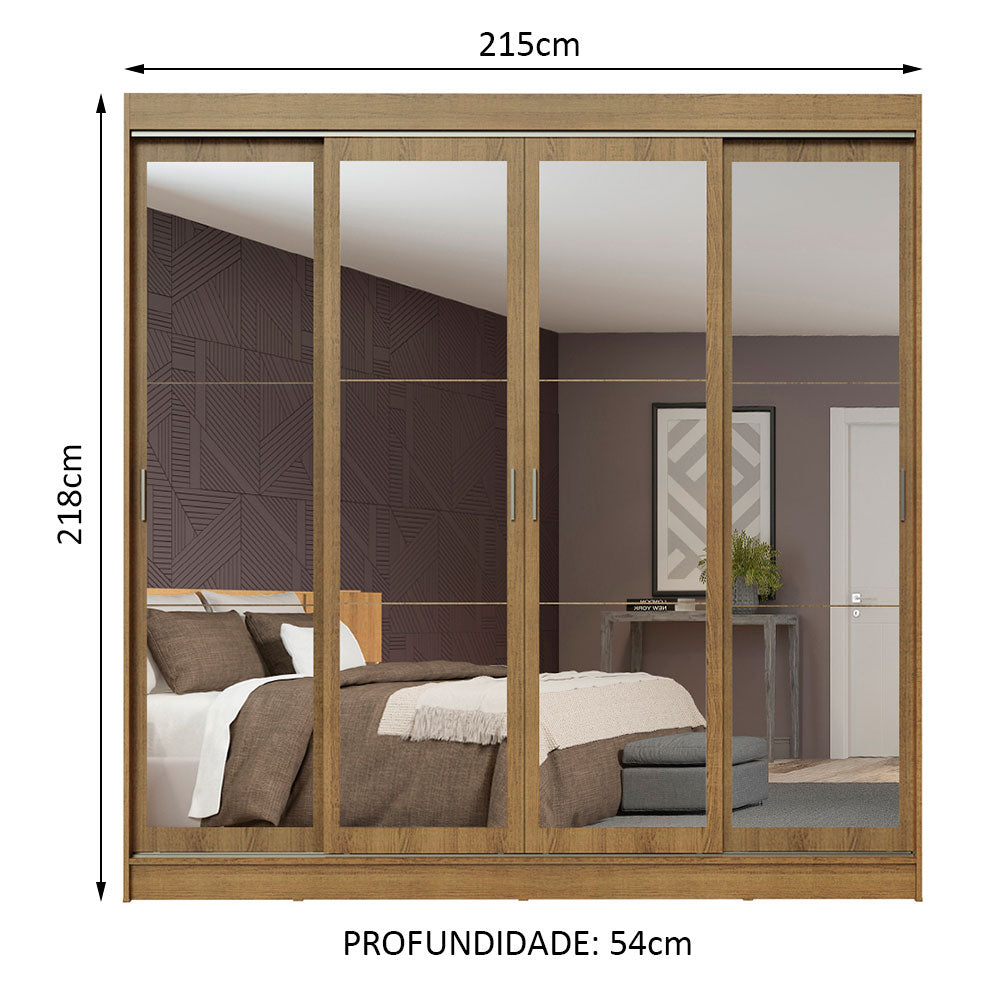 Guarda-Roupa Casal Madesa Austin 4 Portas de Correr de Espelho 3 Gavetas Rustic