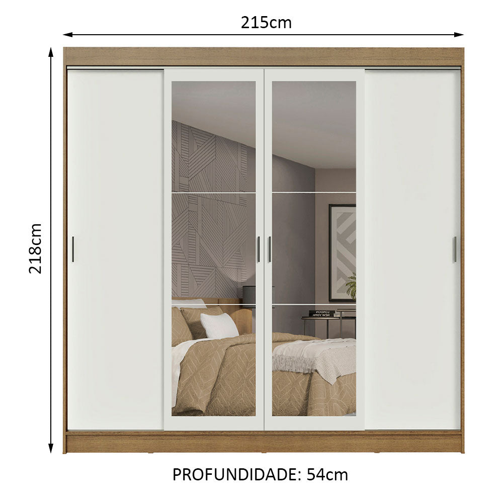Guarda-Roupa Casal Madesa Austin 4 Portas de Correr com Espelhos 3 Gavetas Rustic/Branco