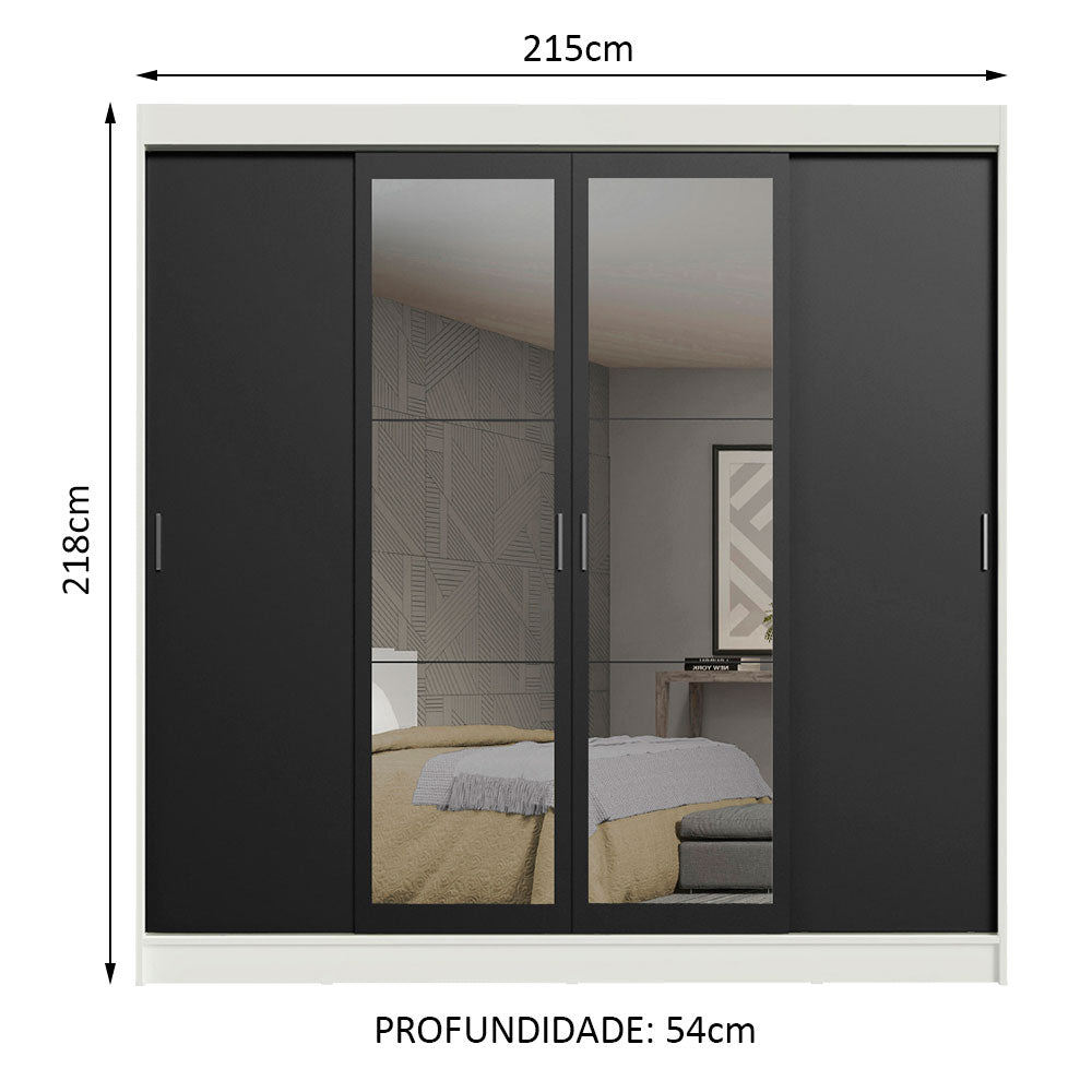Guarda-Roupa Casal Madesa Austin 4 Portas de Correr com Espelhos 3 Gavetas Branco/Preto