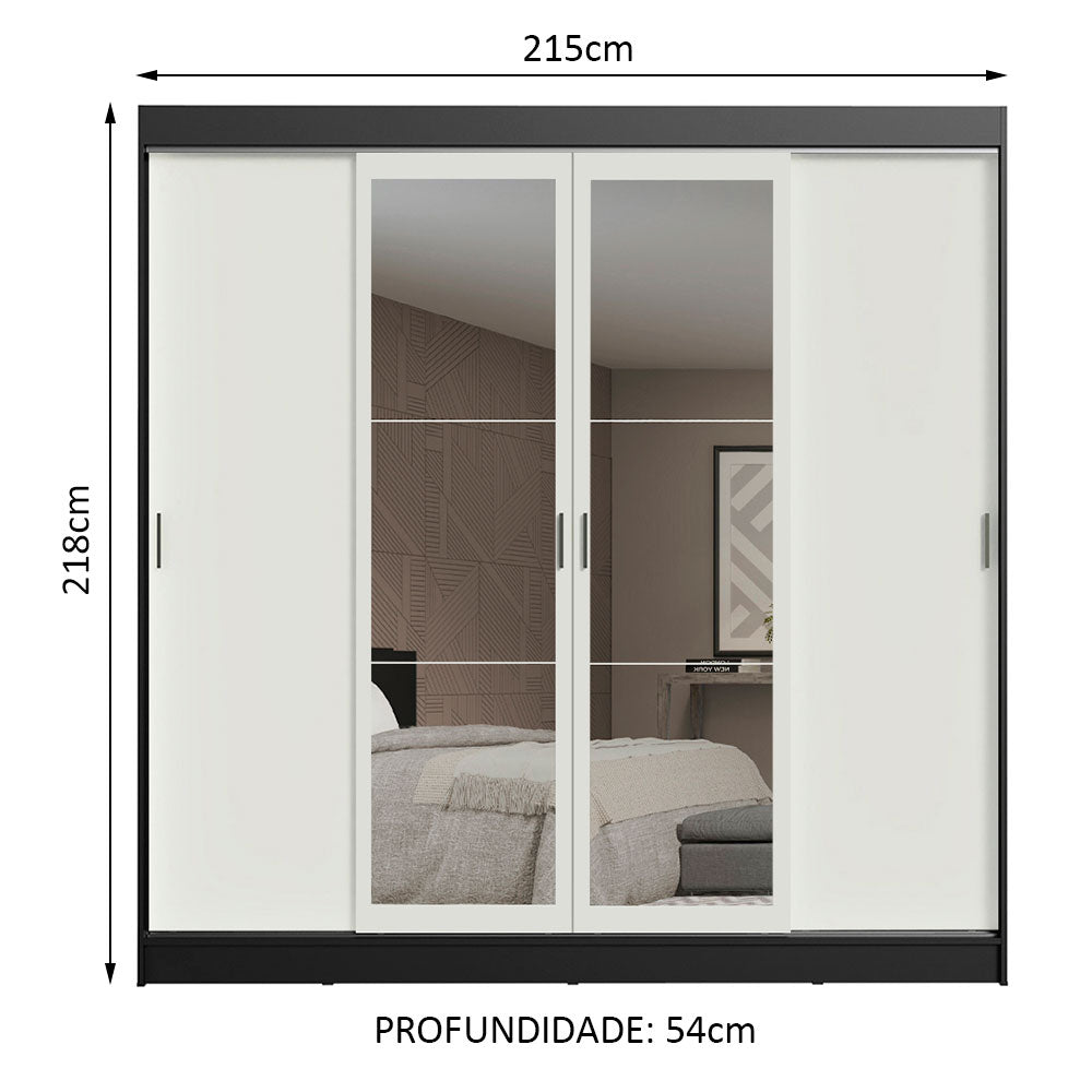 Guarda-Roupa Casal Madesa Austin 4 Portas de Correr com Espelhos 3 Gavetas Preto/Branco