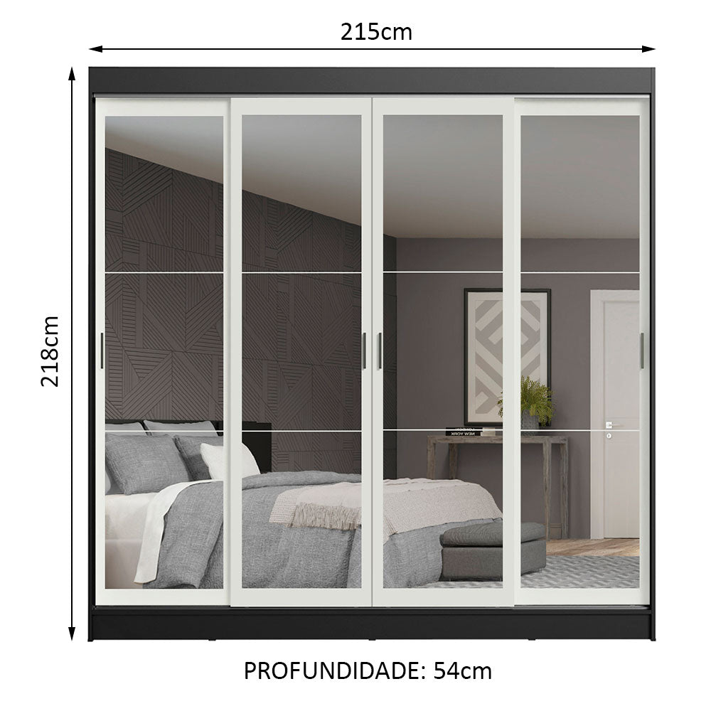 Guarda-Roupa Casal Madesa Austin 4 Portas de Correr de Espelho 3 Gavetas Preto/Branco