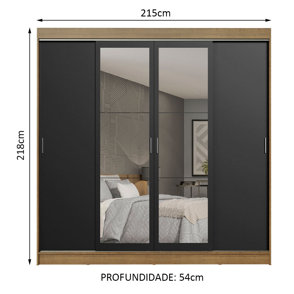 Guarda-Roupa Casal Madesa Austin 4 Portas de Correr com Espelhos 3 Gavetas Rustic/Preto
