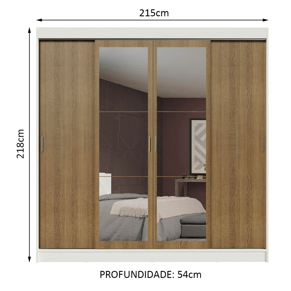 Guarda-Roupa Casal Madesa Austin 4 Portas de Correr com Espelhos 3 Gavetas Branco/Rustic
