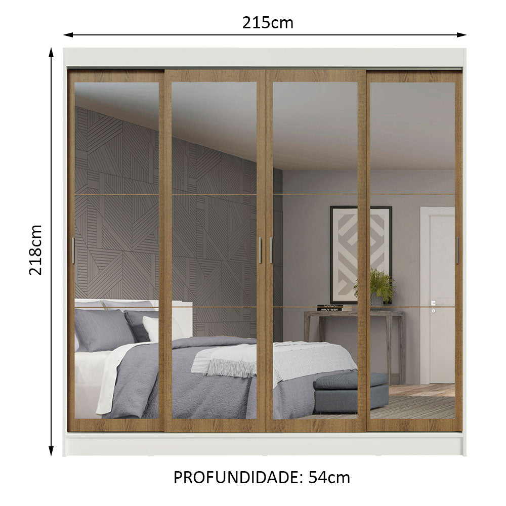 Guarda-Roupa Casal Madesa Austin 4 Portas de Correr de Espelho 3 Gavetas Branco/Rustic