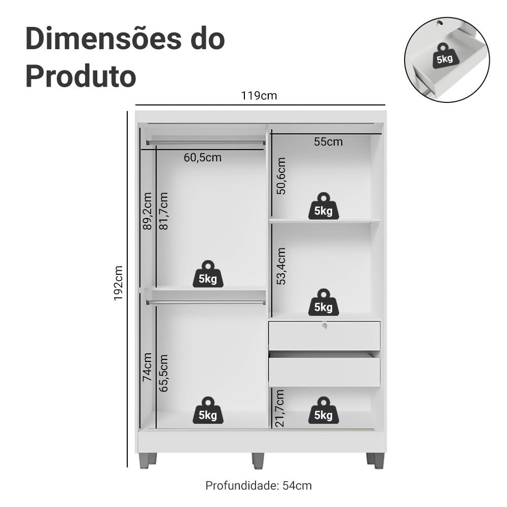 Guarda-Roupa Solteiro Madesa Luke 2 Portas de Correr de Madeira com Pés Branco