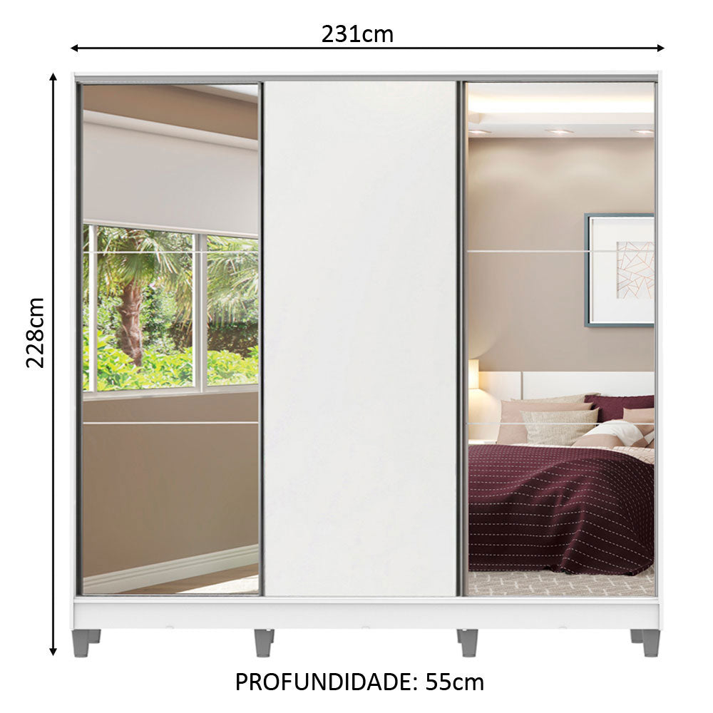 Guarda-Roupa Casal 100% MDF Madesa Royale 3 Portas de Correr com Espelhos com Pés Branco