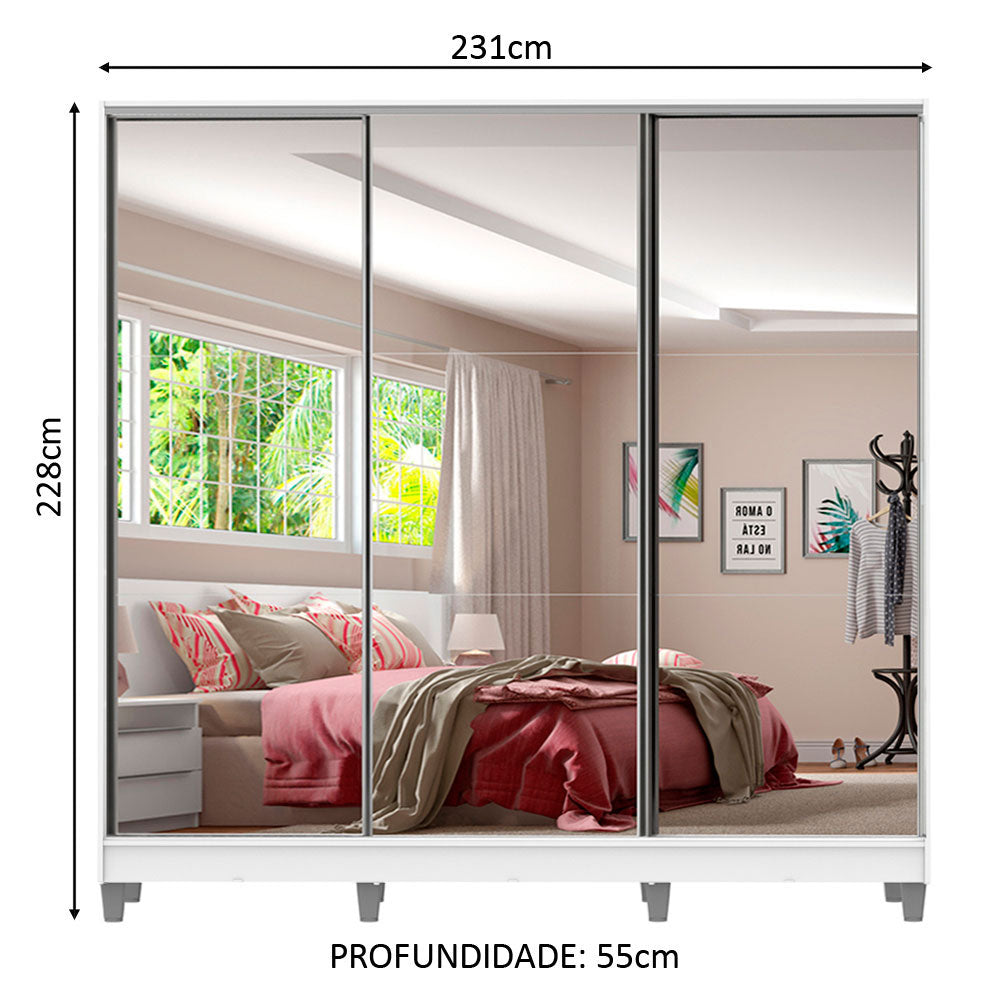 Guarda-Roupa Casal 100% MDF Madesa Royale 3 Portas de Correr de Espelho com Pés Branco