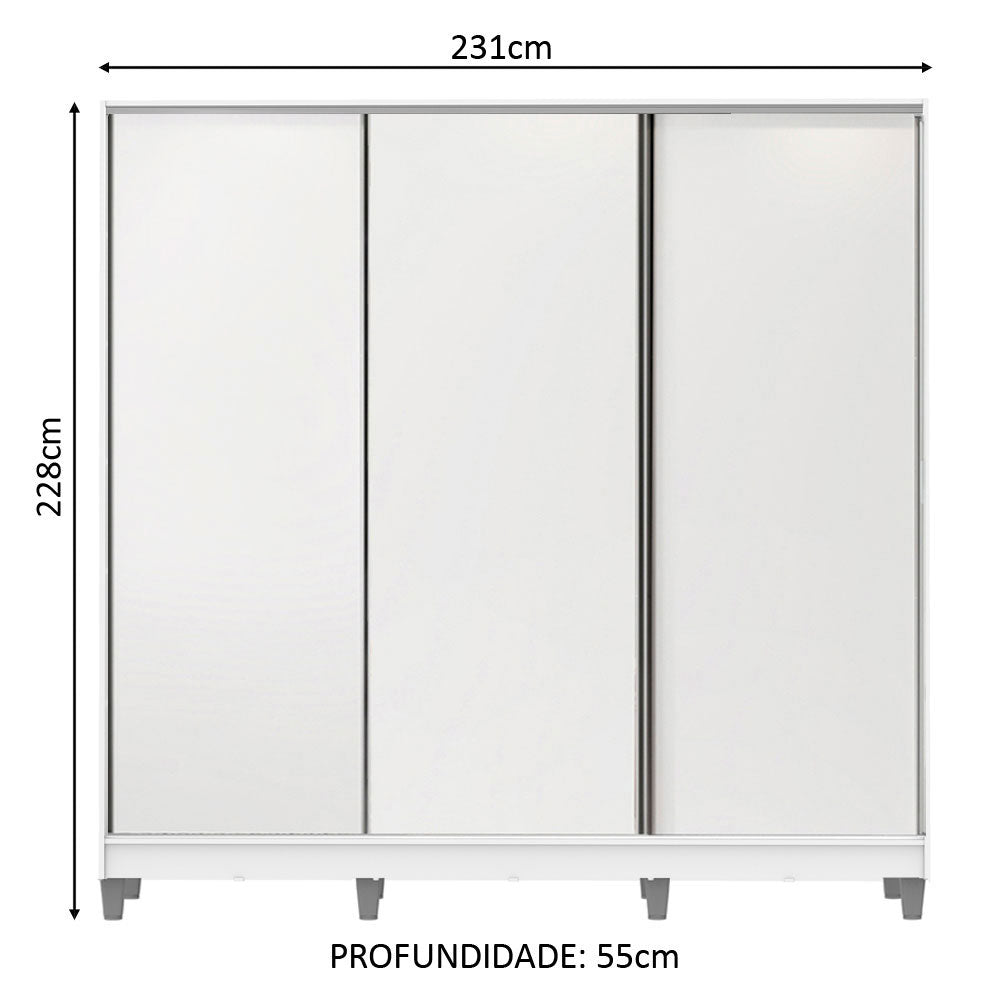 Guarda-Roupa Casal 100% MDF Madesa Royale 3 Portas de Correr com Pés Branco