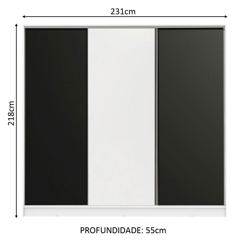 Guarda-Roupa Casal 100% MDF Madesa Royale 3 Portas de Correr Branco/Preto/Branco
