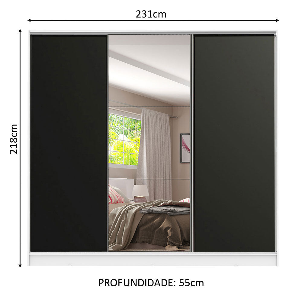 Guarda-Roupa Casal 100% MDF Madesa Royale 3 Portas de Correr com Espelho Branco/Preto